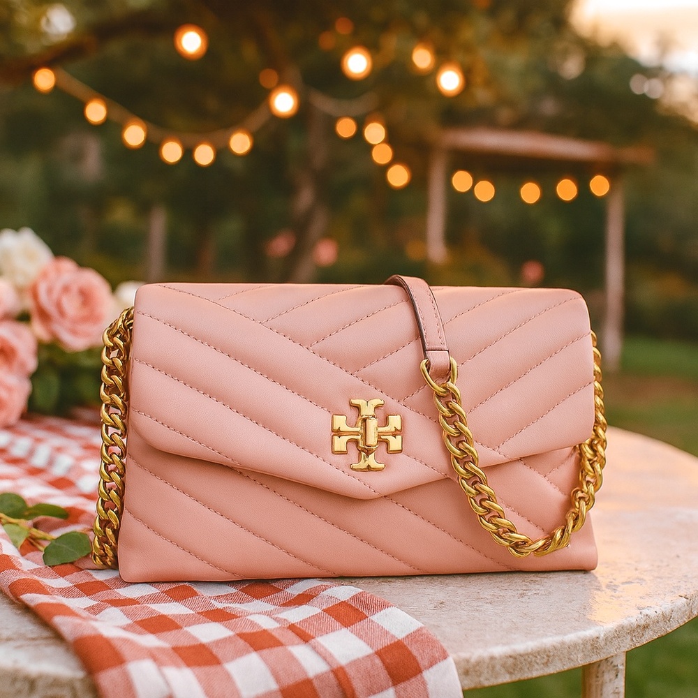 New Tory Burch Kira Chevron Pink Leather Chain Wallet/Crossbody/Shoulder Bag